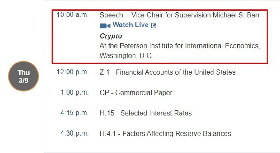 Federal Reserve's Barr is speaking Thursday, 9 March 2023 on Crypto