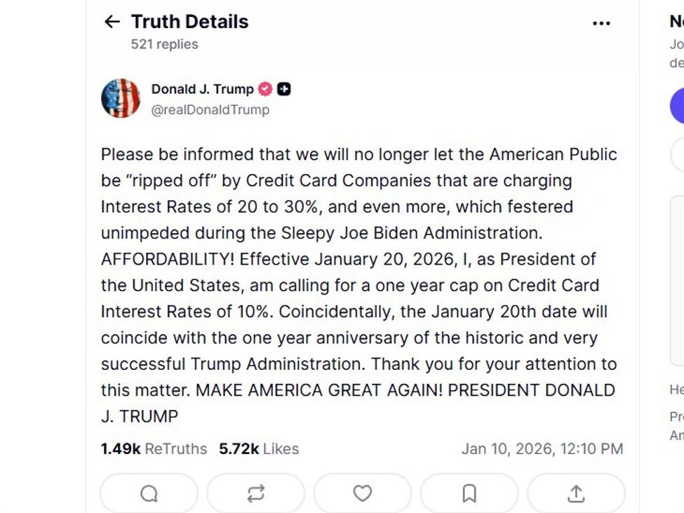 Trump floats one-year 10% credit-card rate cap, offers zero enforcement detail, just talk