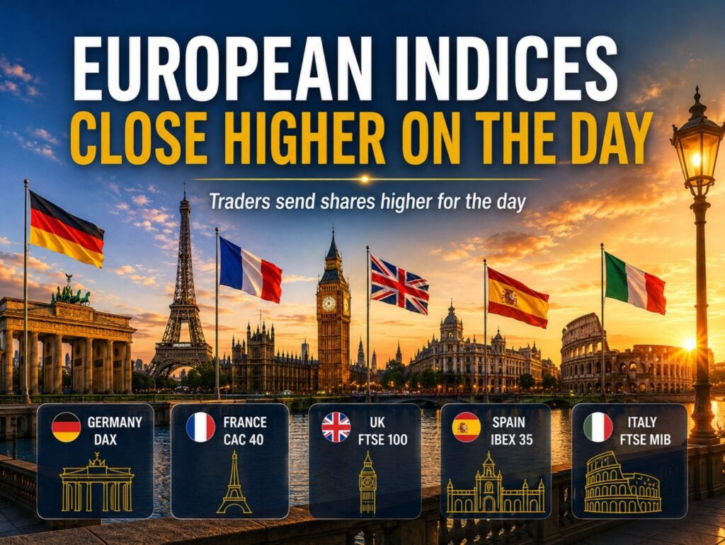 European indices close the day and the week mostly higher.
